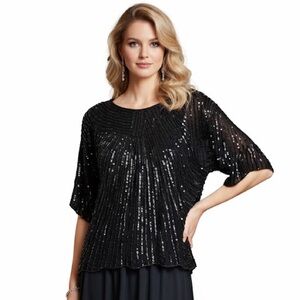 Frank Usher Vintage 1980 100% Silk Sequin Beaded Top Evening Crew Lined Black L